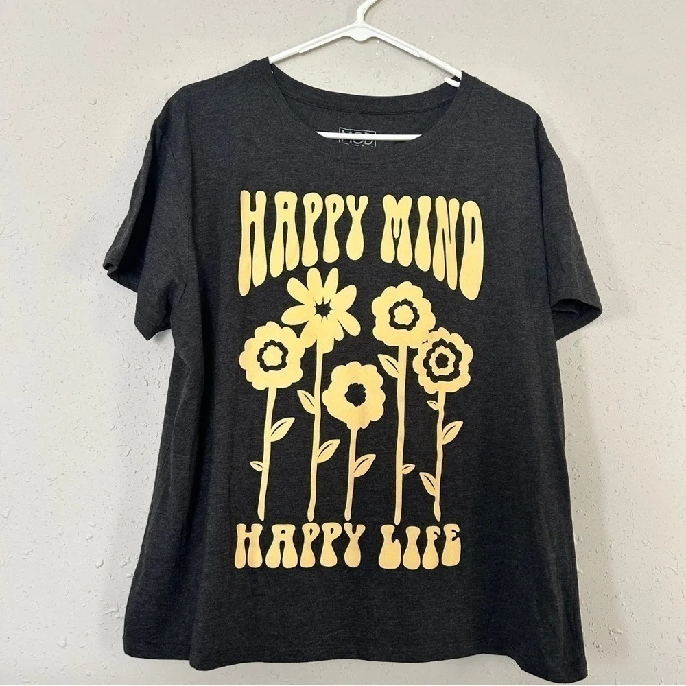 🦋 Modern Lux Grey Yellow Happy Mind Happy Life Graphic Short Sleeve T-Shirt